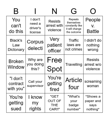 Cop Body Cam Bingo Card