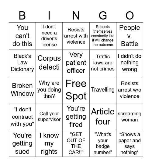 Cop Body Cam Bingo Card