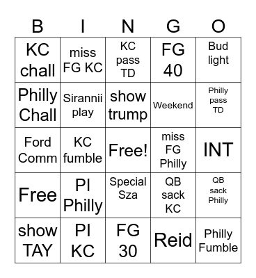 Super Bowl Bingo Card