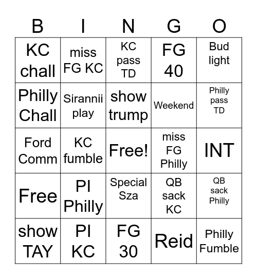 Super Bowl Bingo Card