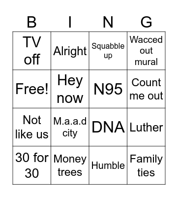 Kendrick Lamar Halftime setlist Bingo Card