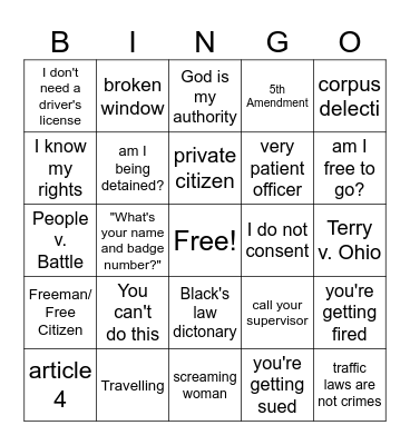 Sovereign Citizen Bingo Card
