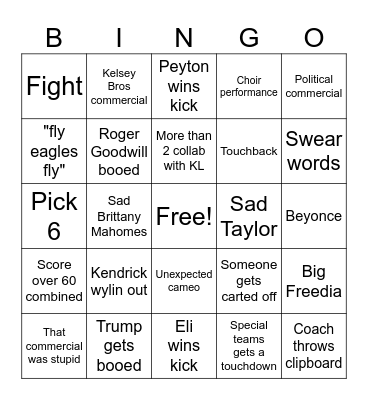 Superbowl Bingo Card