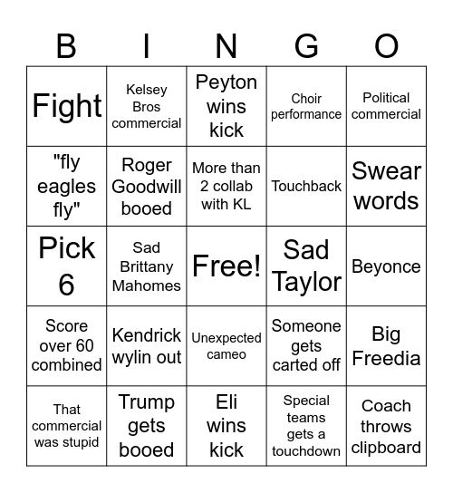Superbowl Bingo Card