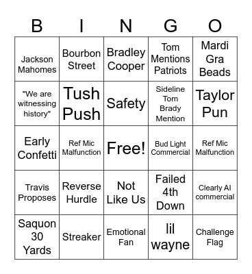 Super Bowl Bingo Card