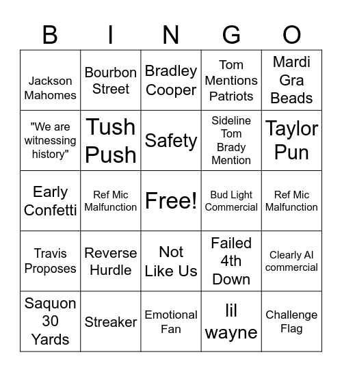Super Bowl Bingo Card