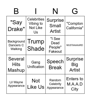 Halftime Show Bingo Card