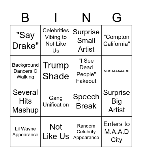 Halftime Show Bingo Card