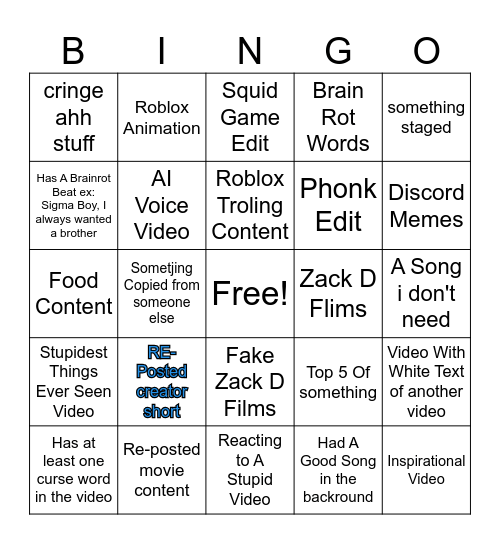 YouTube Shorts Bingo Card