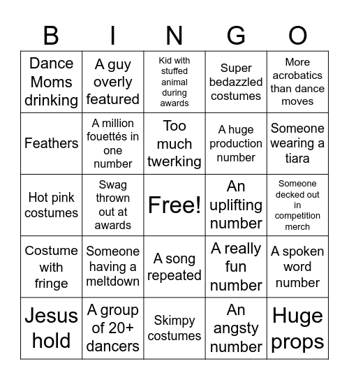 DANCE COMPETITION BINGO Card