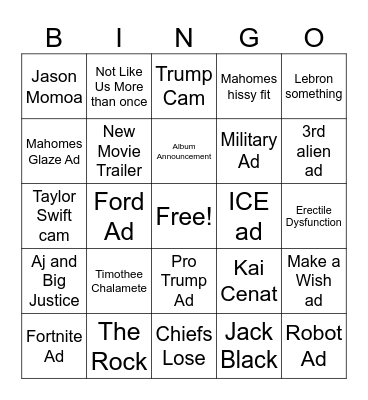 Super Bowl Bingo Card