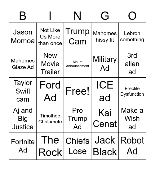 Super Bowl Bingo Card