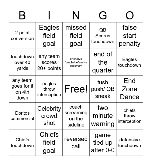 SuperBowl 2025 Bingo Card