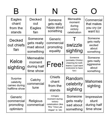 Super Bowl LIX Bingo (for people who know nothing about football and just like funny commercials and snacks) Bingo Card