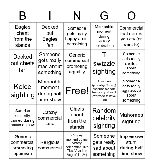 Super Bowl LIX Bingo (for people who know nothing about football and just like funny commercials and snacks) Bingo Card