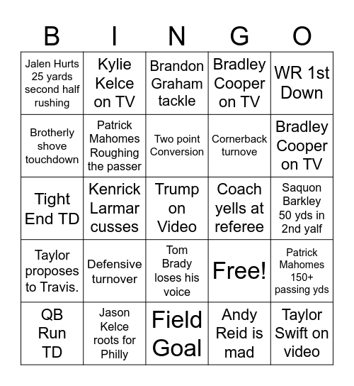 Superbowl Bingo Card