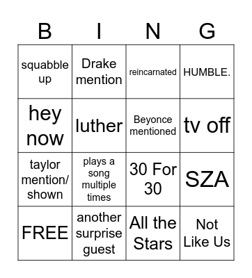 HALFTIME SHOW BINGO CARD Bingo Card