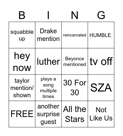 HALFTIME SHOW BINGO CARD Bingo Card