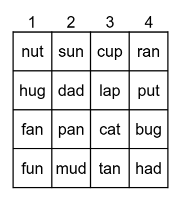 3-Letter-Word short a and u Bingo Card
