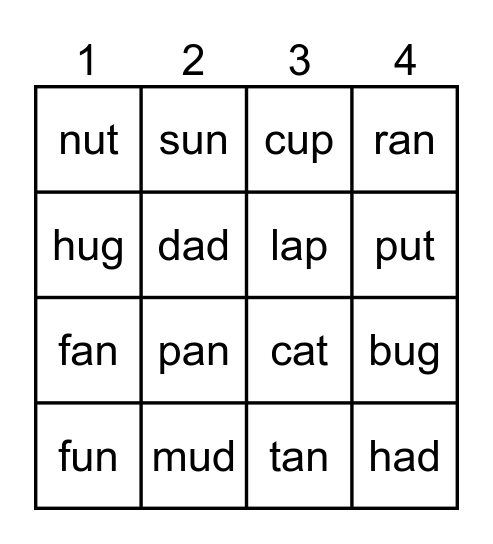 3-Letter-Word short a and u Bingo Card