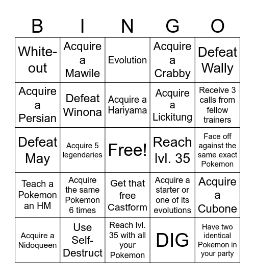 Pokemon Emerald Bingo Card