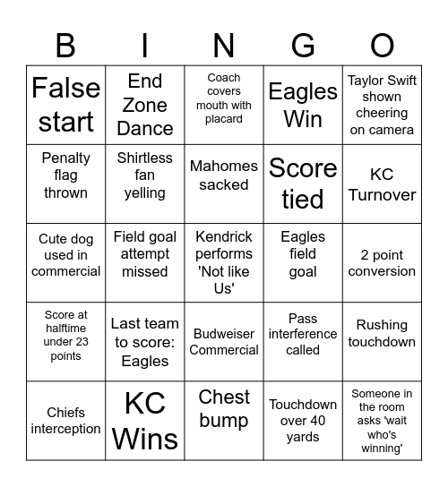 Superbowl 2025Pass Bingo Card