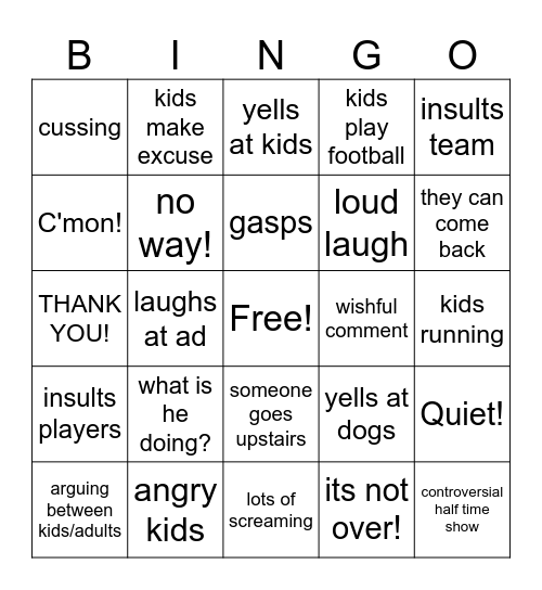 Superbowl bingo Card