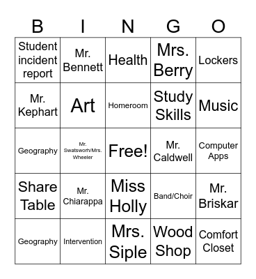 Junior High Bingo Card
