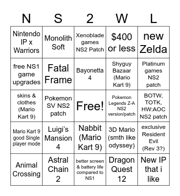 Nintendo Switch 2 Wishlist Bingo Card
