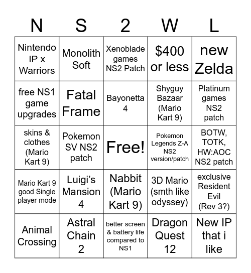 Nintendo Switch 2 Wishlist Bingo Card