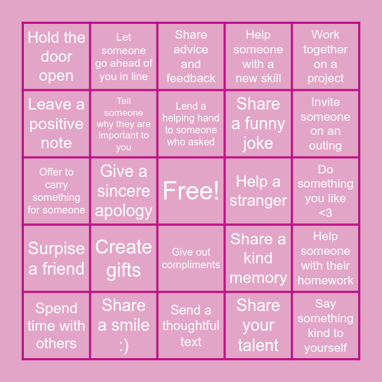 Kindness Bingo Card