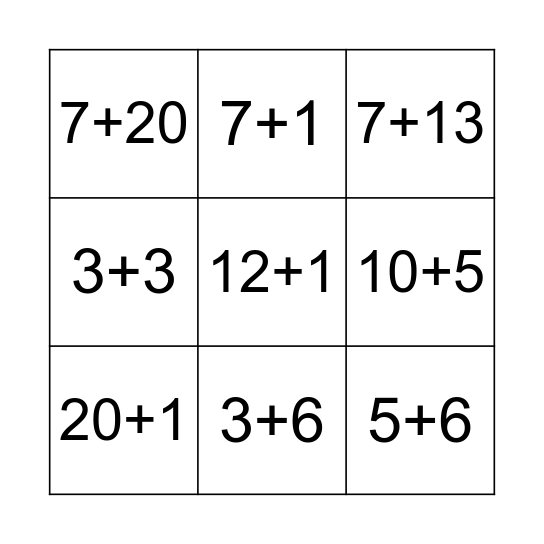 Simple addition Bingo Card