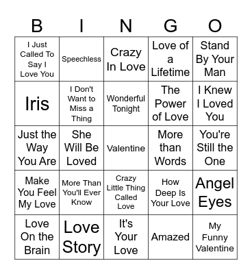 Love Songs Bingo Card