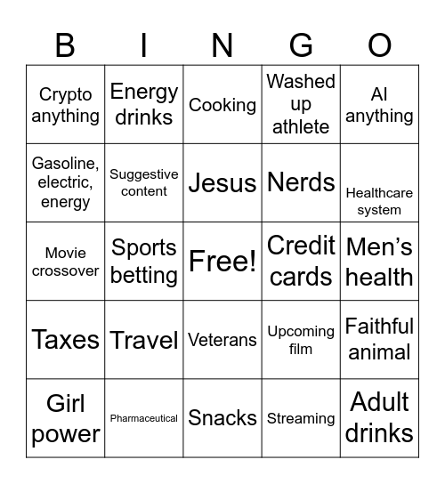 Superbowl Commerical Bingo 2 Bingo Card