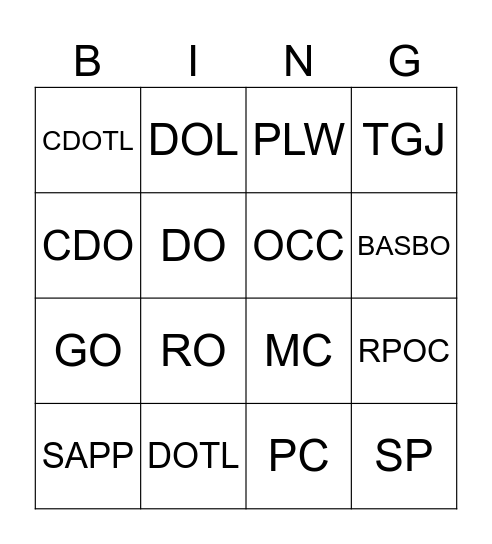 OCC LINGO Bingo Card