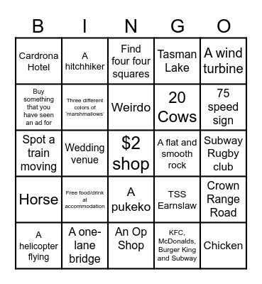 South Island Trip Bingo Card