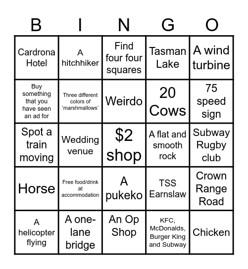 South Island Trip Bingo Card