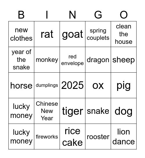 Chinese New Year 2025 Bingo Card