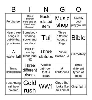 South Island Trip Bingo Card