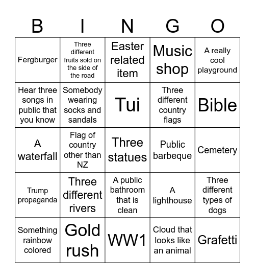 South Island Trip Bingo Card