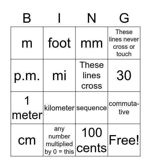 4th Grade Math Bingo Card