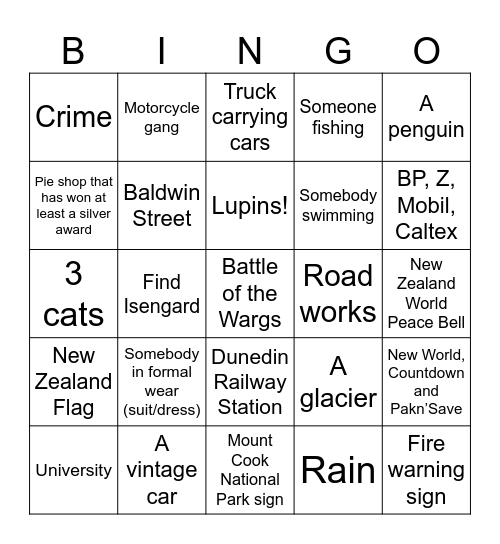 South Island Trip Bingo Card