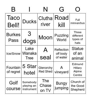 South Island Trip Bingo Card