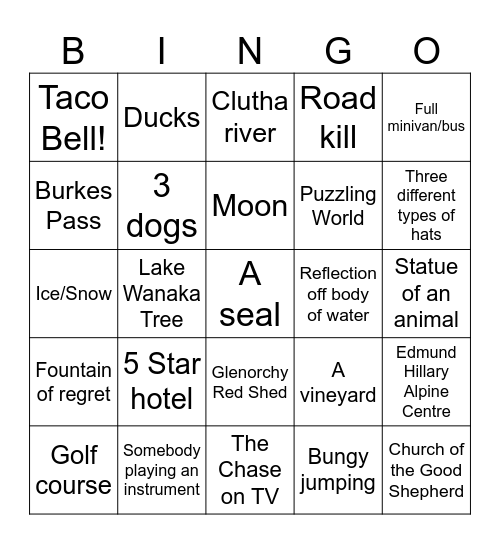 South Island Trip Bingo Card