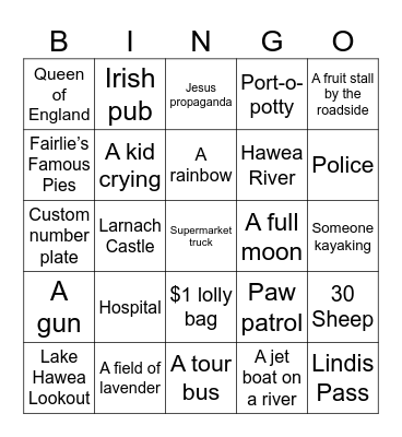 South Island Trip Bingo Card