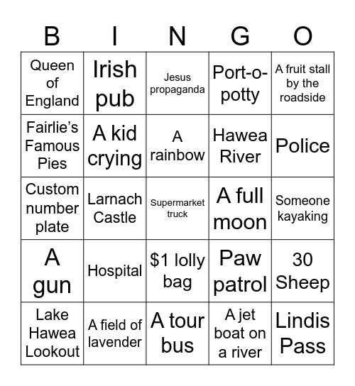 South Island Trip Bingo Card
