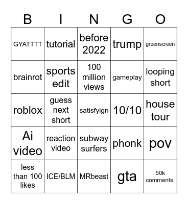 youtoube shorts Bingo Card