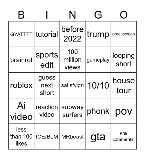 youtoube shorts Bingo Card