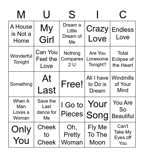 LOVE SONG BINGO Card
