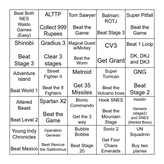 Video Game Bingo Card